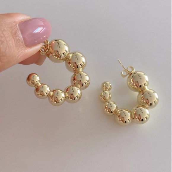 Ball Hoop Earrings | 14K Gold Plated Bead Hoops | Luxury Elegant Jewelry - Picture 8 of 12